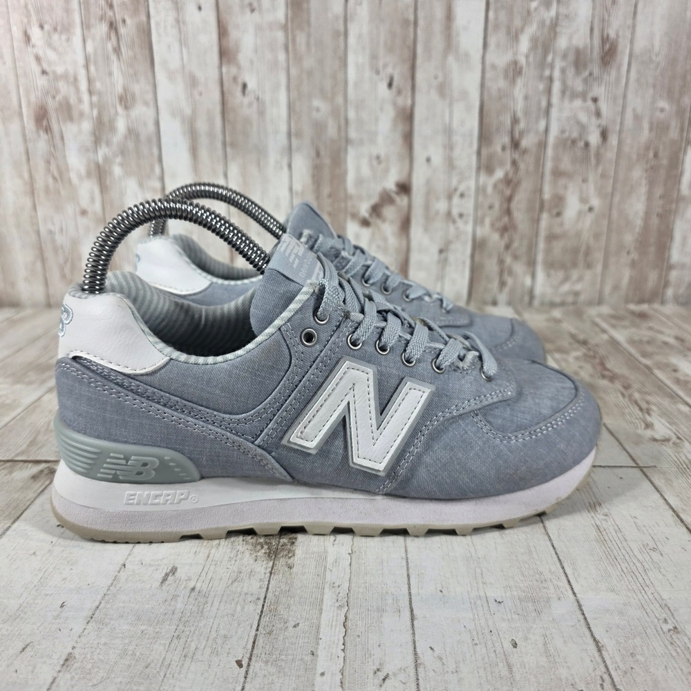 New Balance 574 Women 6.5 Light Blue Chambray Textile Sneakers WL574CHF